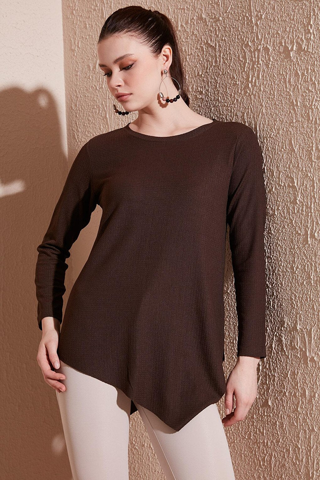 Crew Neck Stretchy Textured Asymmetrical Blouse 5864971