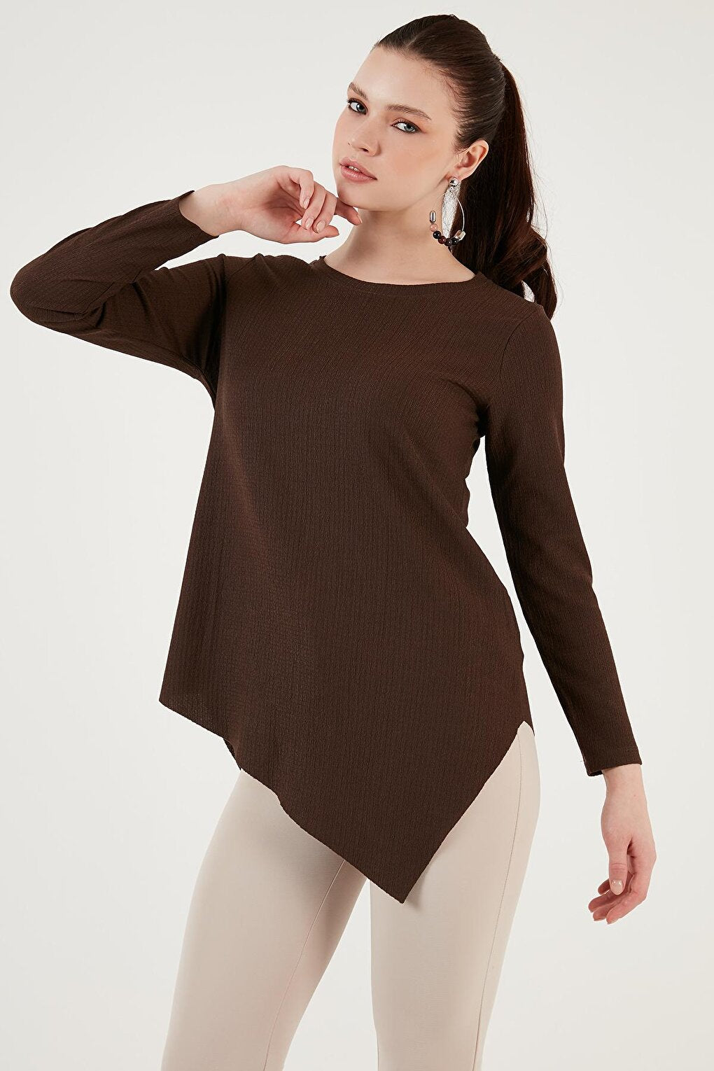 Crew Neck Stretchy Textured Asymmetrical Blouse 5864971