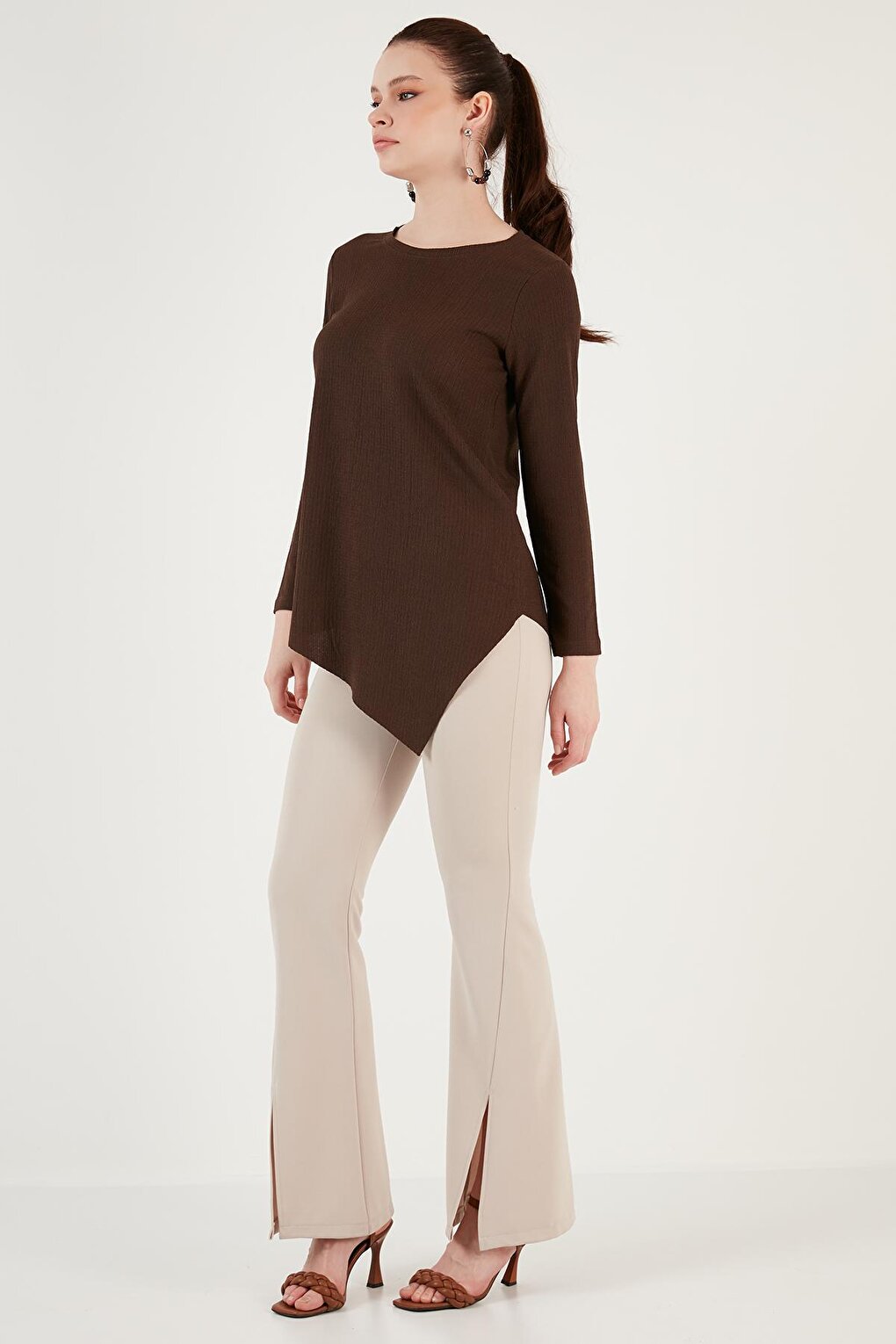 Crew Neck Stretchy Textured Asymmetrical Blouse 5864971