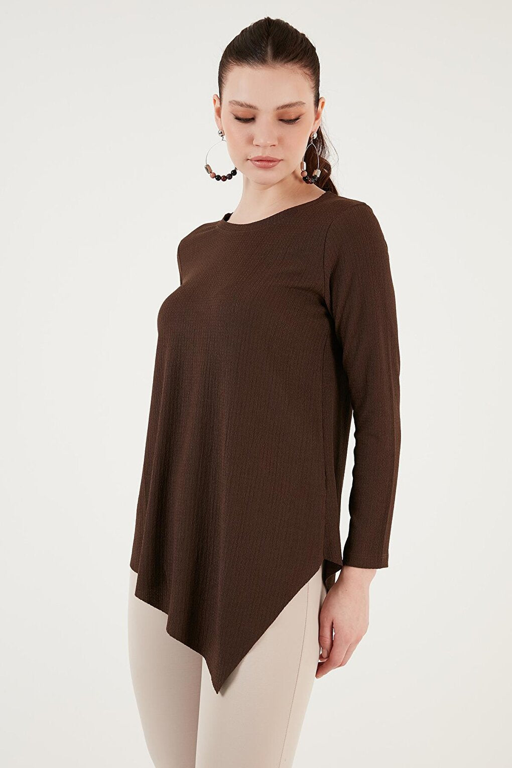 Crew Neck Stretchy Textured Asymmetrical Blouse 5864971