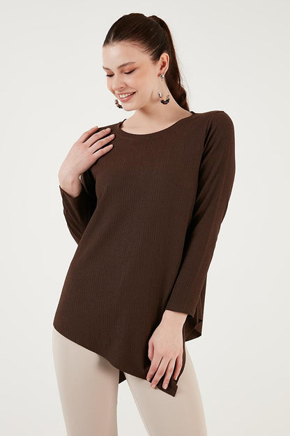 Crew Neck Stretchy Textured Asymmetrical Blouse 5864971