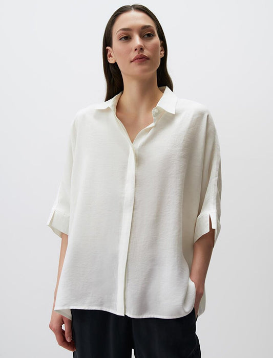 White Loose Fit Three Quarter Sleeve Slit Shirt