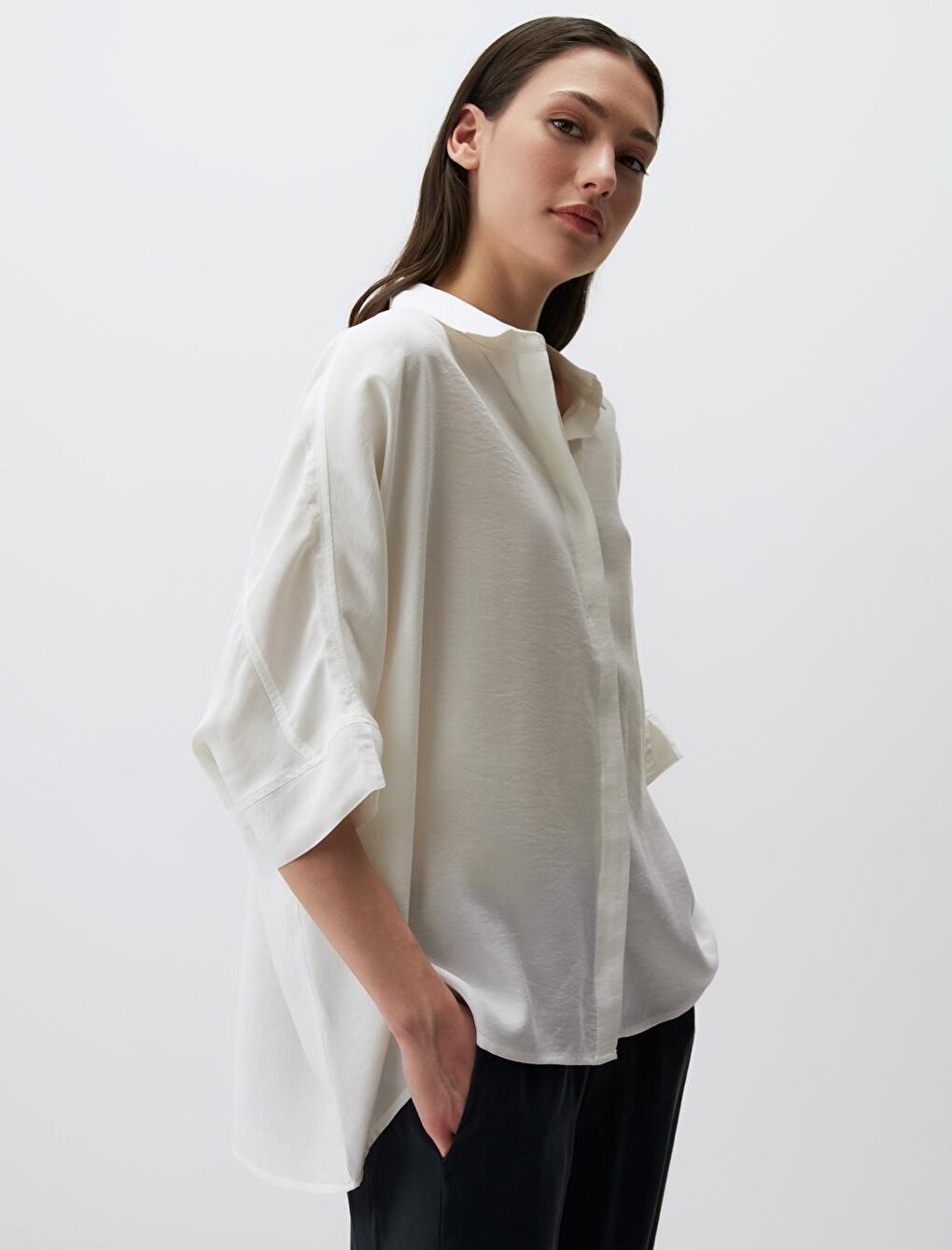 White Loose Fit Three Quarter Sleeve Slit Shirt