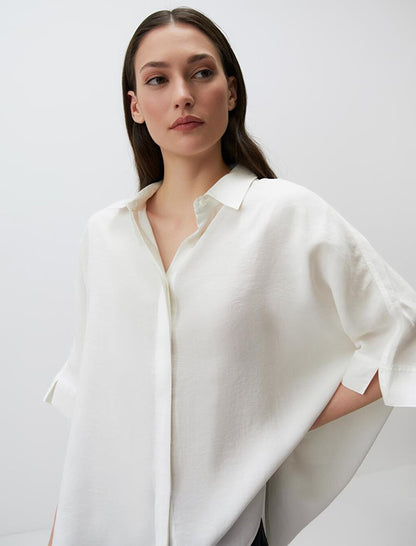 White Loose Fit Three Quarter Sleeve Slit Shirt