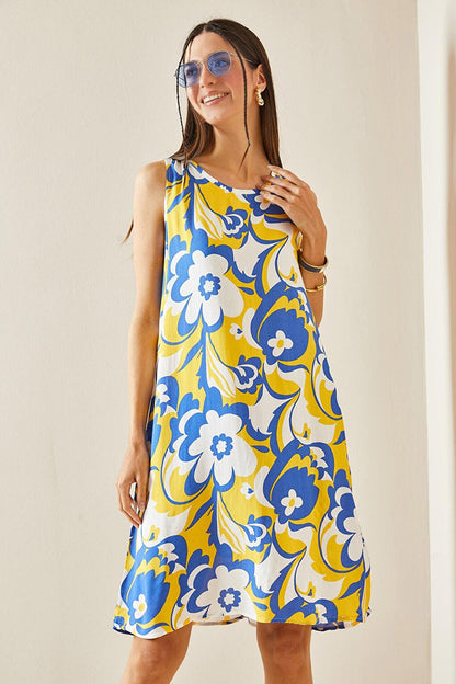 Yellow Floral Patterned Thick Strap Midi Dress