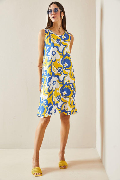 Yellow Floral Patterned Thick Strap Midi Dress