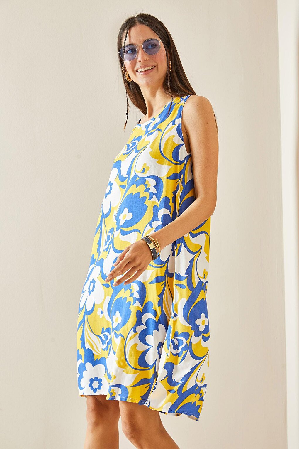 Yellow Floral Patterned Thick Strap Midi Dress