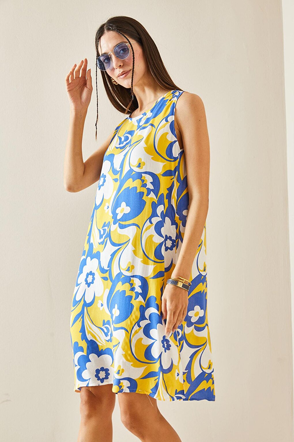 Yellow Floral Patterned Thick Strap Midi Dress