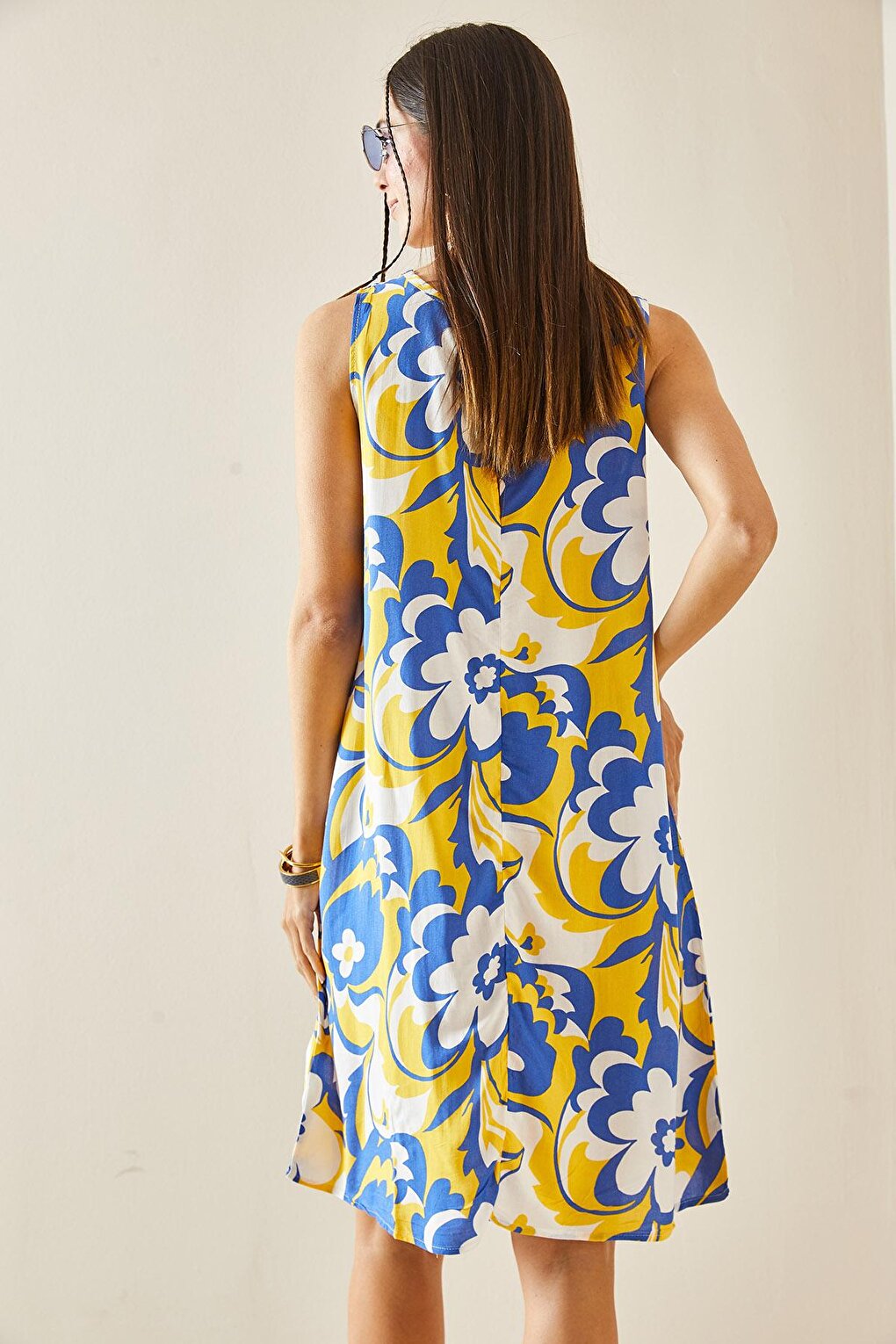 Yellow Floral Patterned Thick Strap Midi Dress