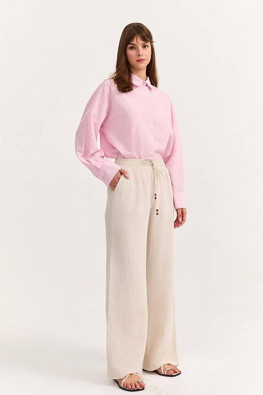 Elastic Waist Linen Trousers Natural