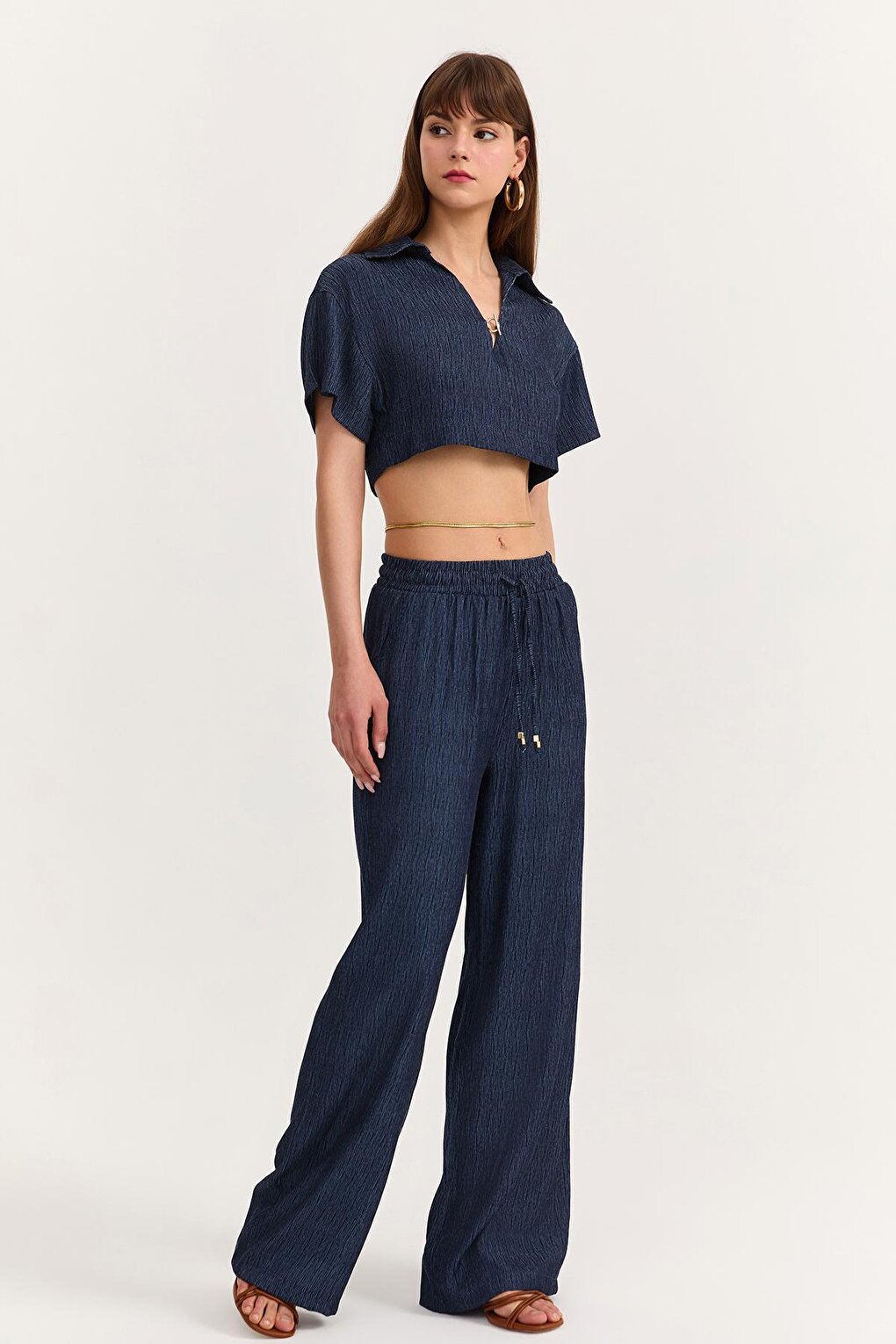 High Waist Textured Trousers Indigo