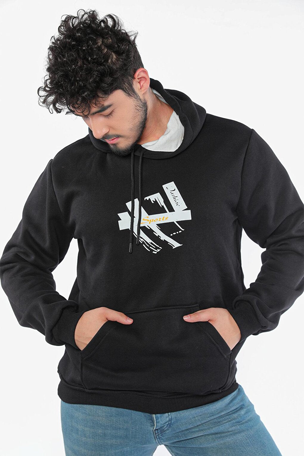 Men's Hooded Printed Three Thread Raised Sweatshirt