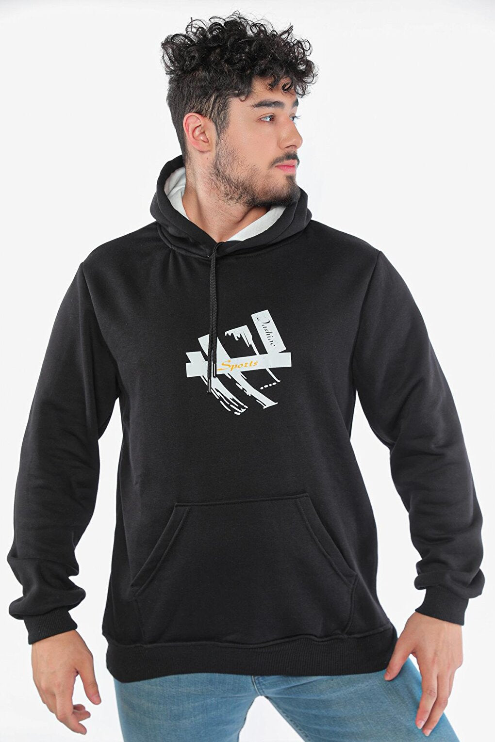 Men's Hooded Printed Three Thread Raised Sweatshirt