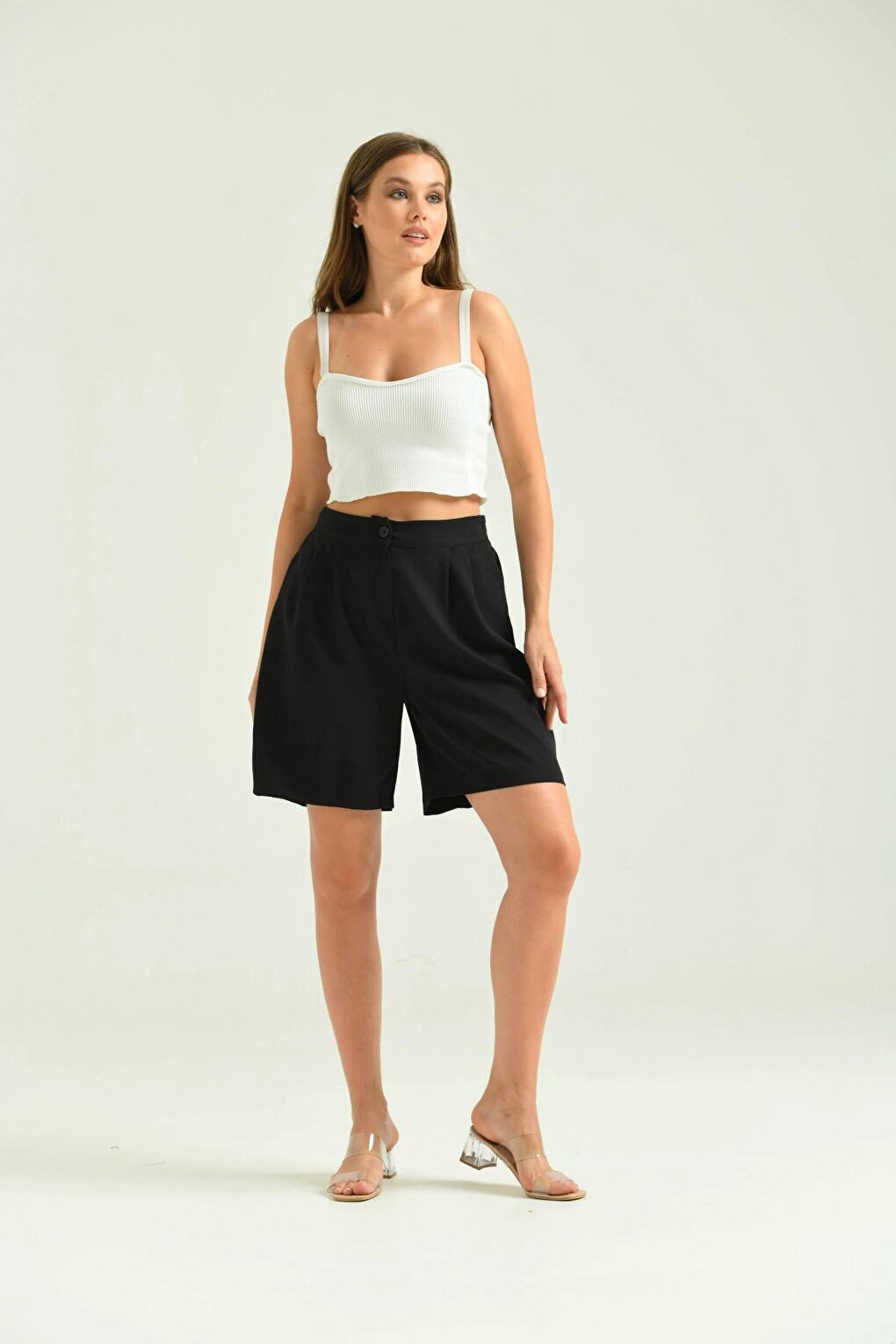 Women's Black Long Basic Fabric Shorts