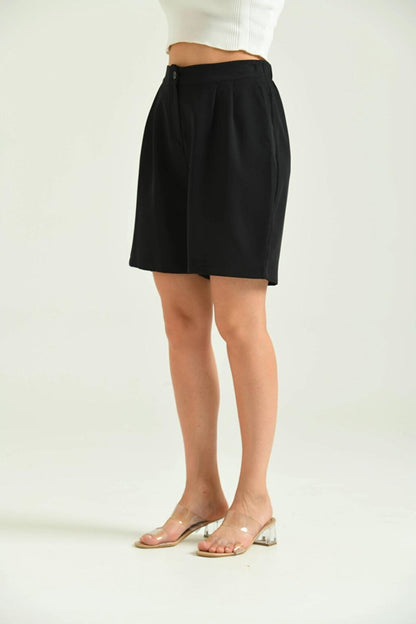 Women's Black Long Basic Fabric Shorts