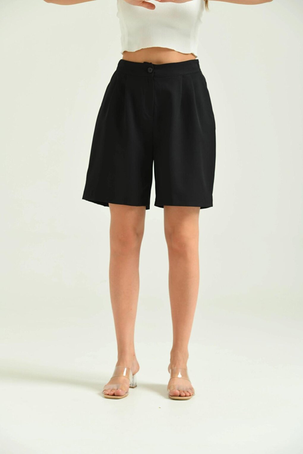 Women's Black Long Basic Fabric Shorts