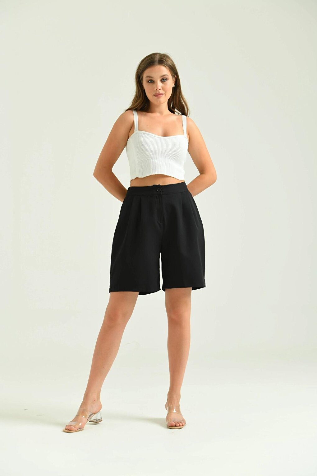 Women's Black Long Basic Fabric Shorts