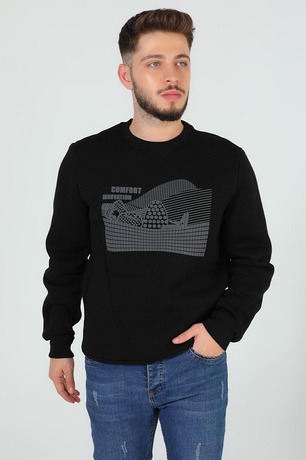 Men's Crew Neck Three Thread Raised Front Printed Sweatshirt