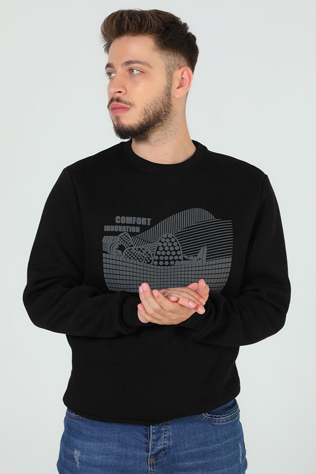 Men's Crew Neck Three Thread Raised Front Printed Sweatshirt