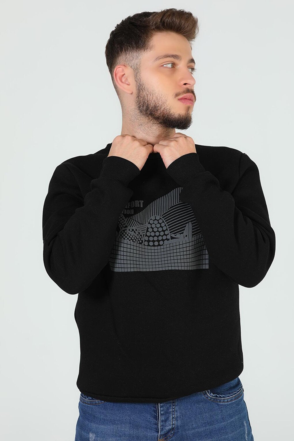 Men's Crew Neck Three Thread Raised Front Printed Sweatshirt