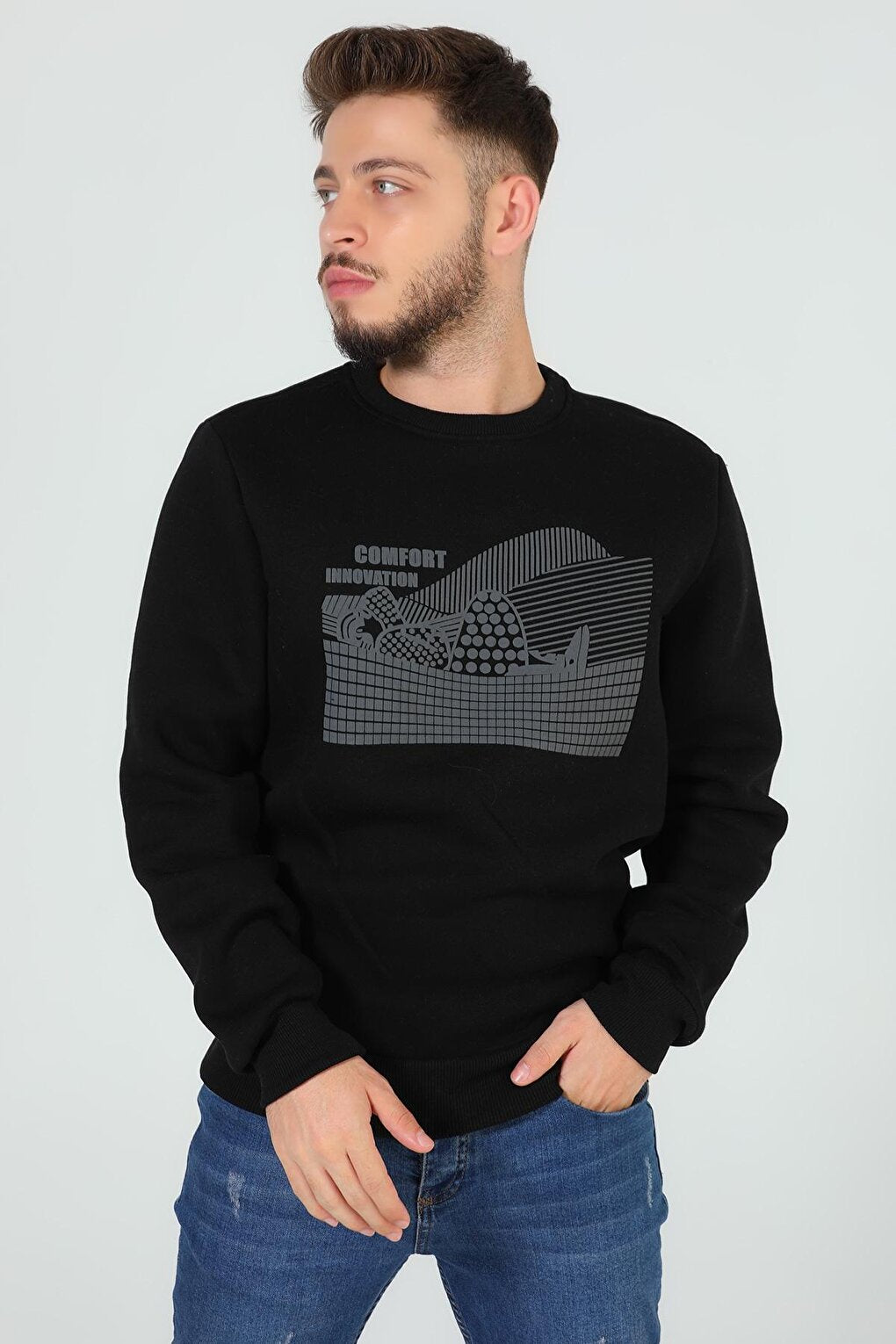 Men's Crew Neck Three Thread Raised Front Printed Sweatshirt