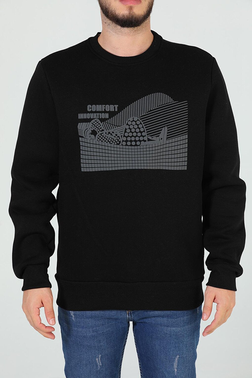 Men's Crew Neck Three Thread Raised Front Printed Sweatshirt