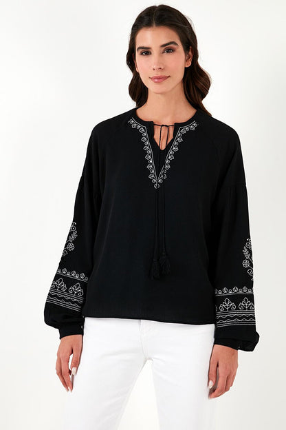 Tie Collar and Embroidered Sleeves V-Neck Regular Fit Blouse 611BZ0368