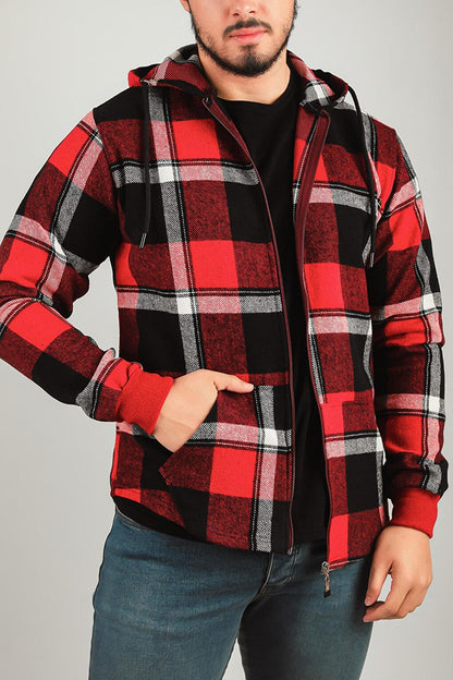 Men's Zippered Hooded Plaid Patterned Jacket Shirt