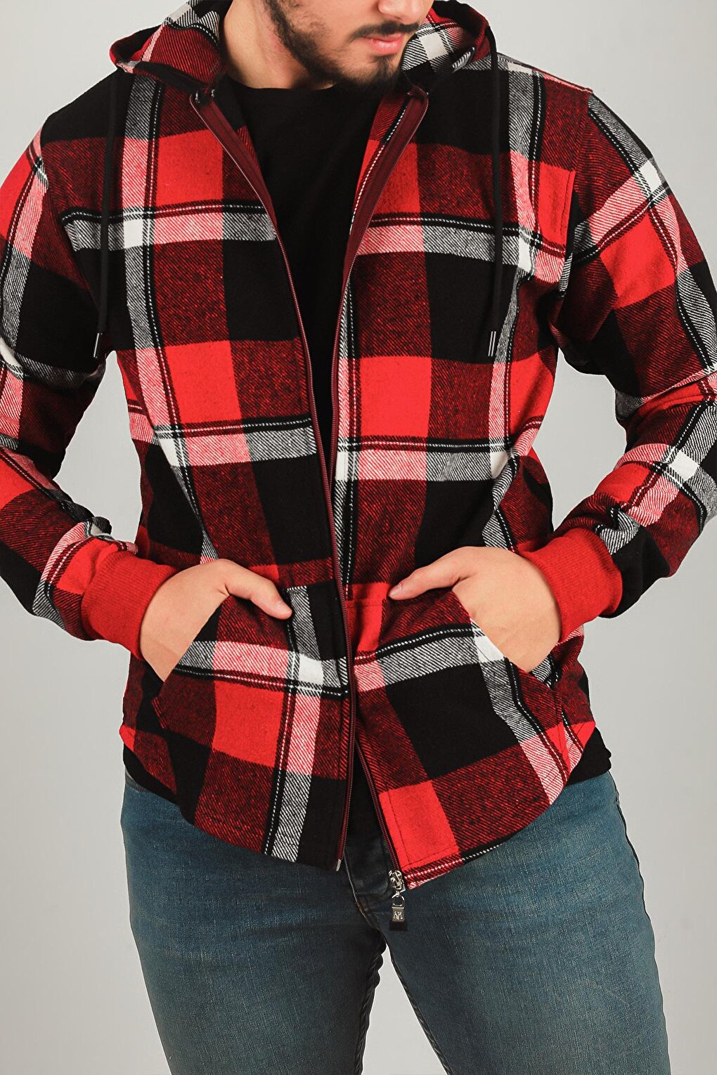 Men's Zippered Hooded Plaid Patterned Jacket Shirt