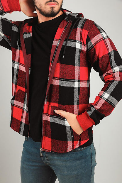 Men's Zippered Hooded Plaid Patterned Jacket Shirt