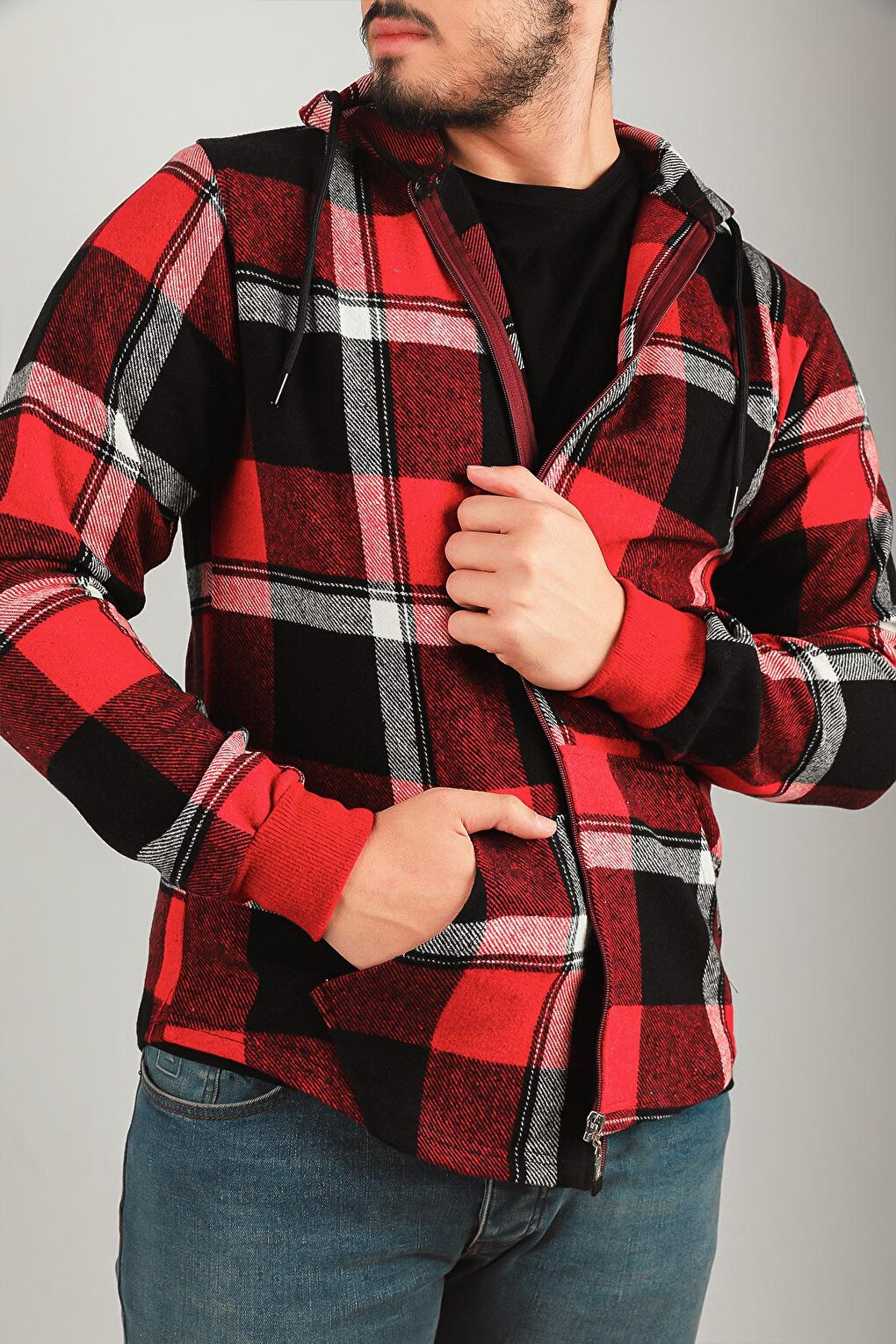 Men's Zippered Hooded Plaid Patterned Jacket Shirt