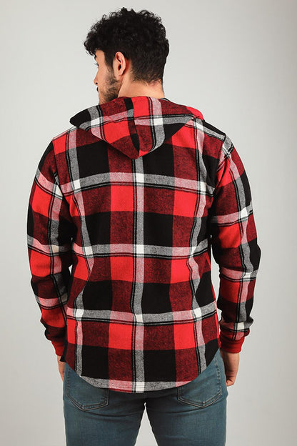 Men's Zippered Hooded Plaid Patterned Jacket Shirt