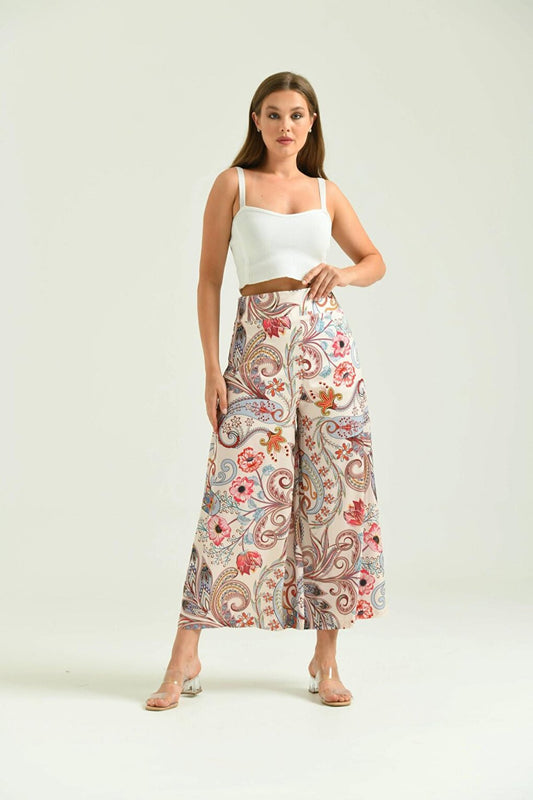 Women's Beige Ethnic Printed Skirt Trousers