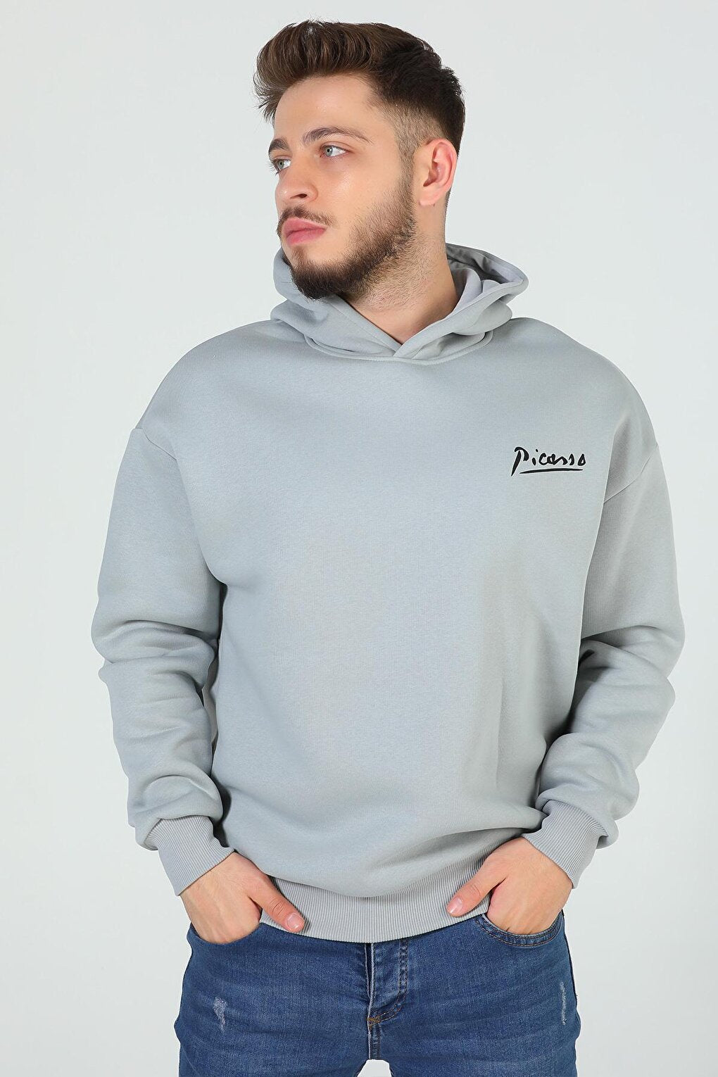 Men's Hooded Printed Three Thread Raised Sweatshirt