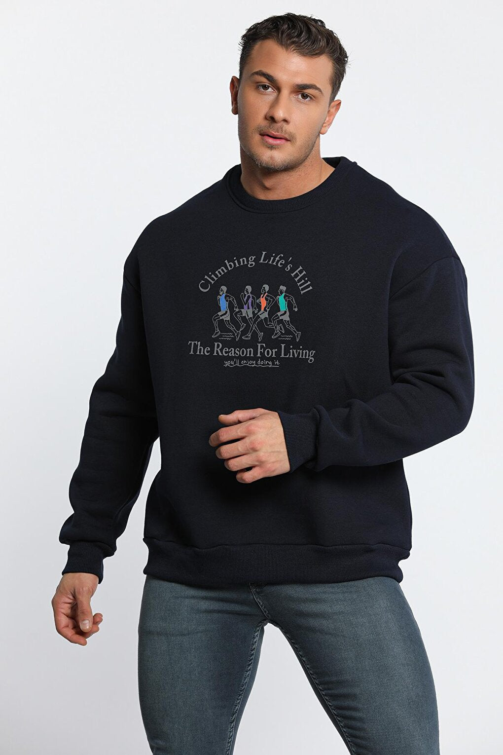 Men's Crew Neck Printed Three Thread Raised Sweatshirt