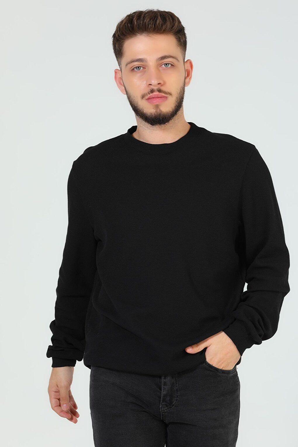 Men's Crew Neck Self-Patterned Elastane Sweatshirt