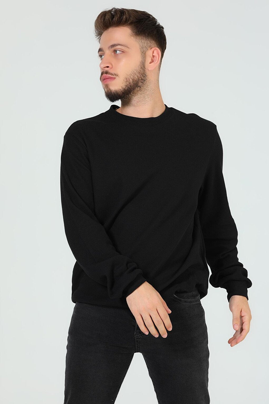 Men's Crew Neck Self-Patterned Elastane Sweatshirt