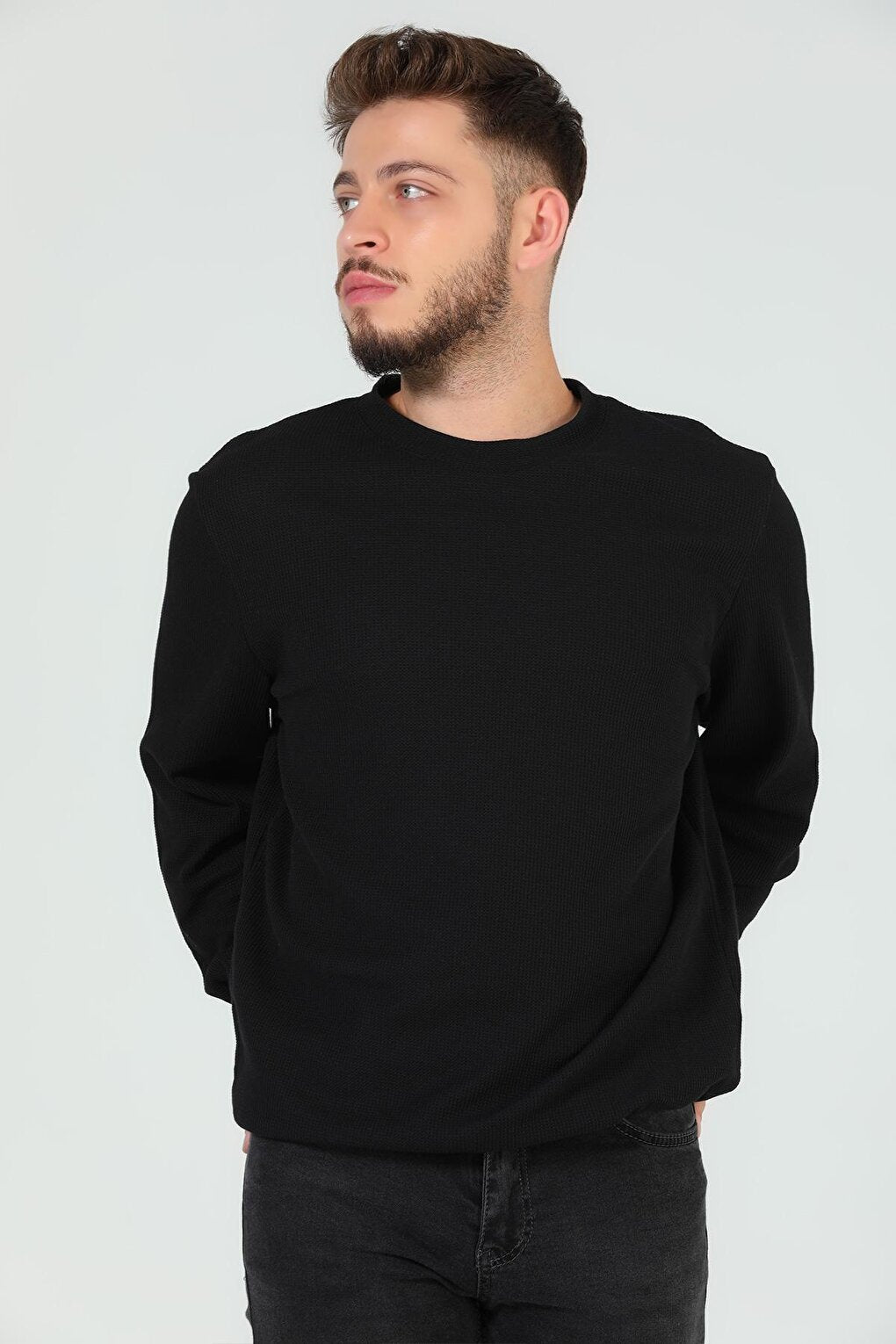 Men's Crew Neck Self-Patterned Elastane Sweatshirt