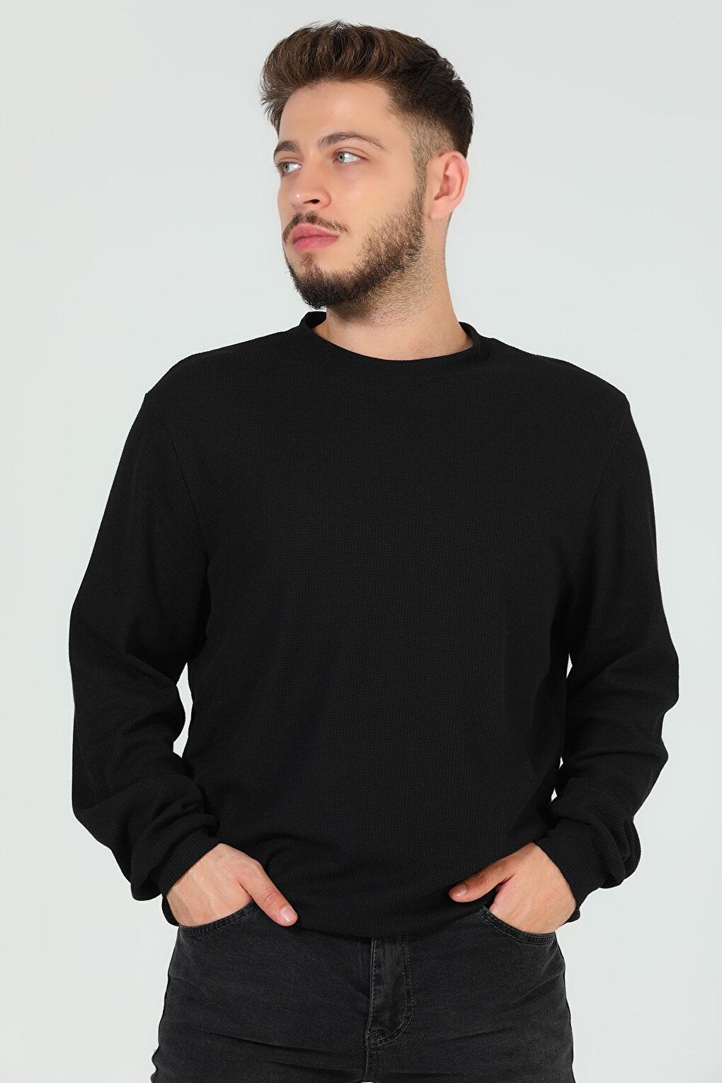 Men's Crew Neck Self-Patterned Elastane Sweatshirt