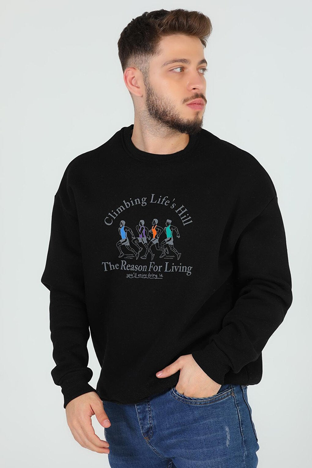 Men's Crew Neck Printed Three Thread Raised Sweatshirt