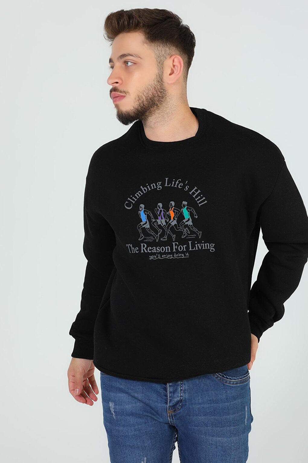 Men's Crew Neck Printed Three Thread Raised Sweatshirt