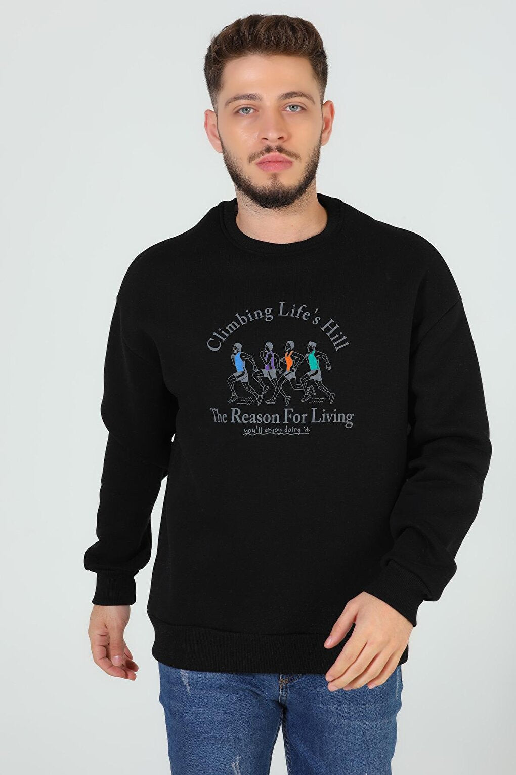 Men's Crew Neck Printed Three Thread Raised Sweatshirt