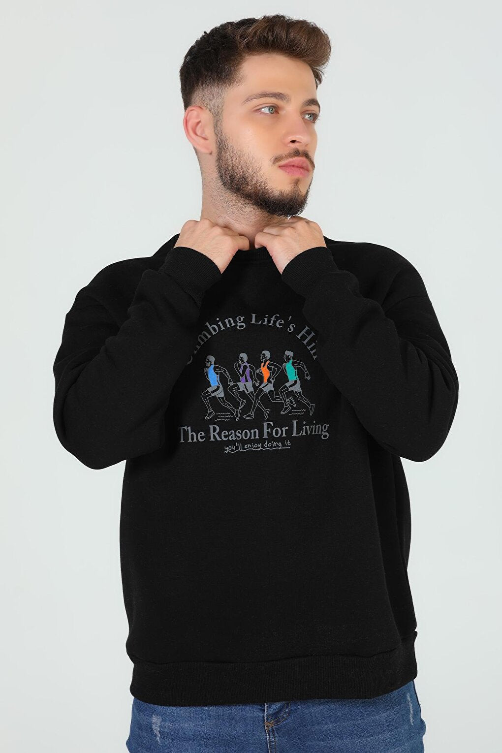 Men's Crew Neck Printed Three Thread Raised Sweatshirt