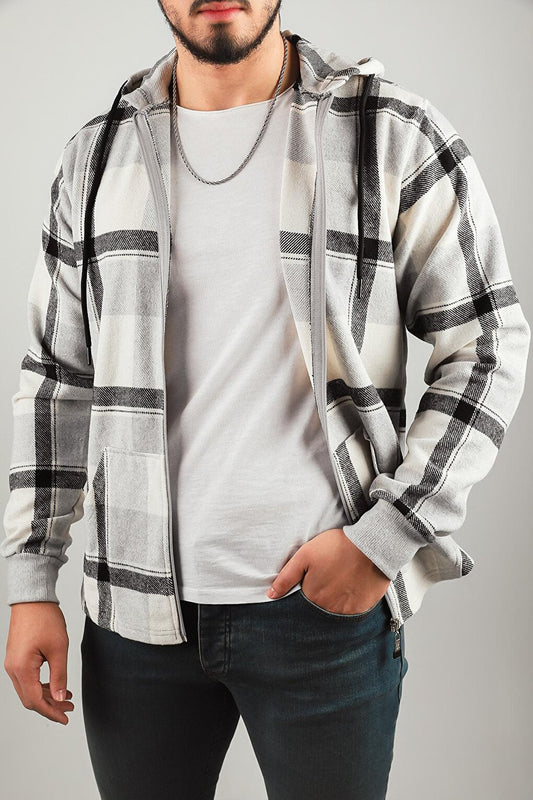 Men's Zippered Hooded Plaid Patterned Jacket Shirt