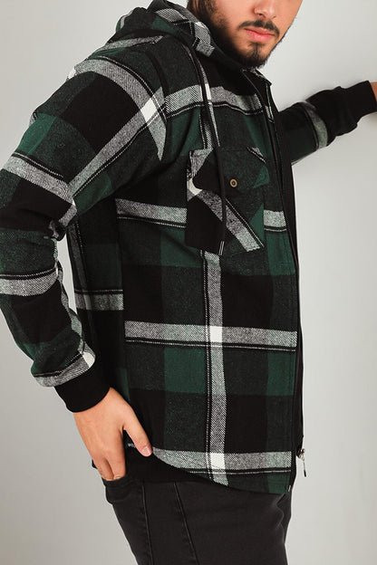 Men's Zippered Hooded Plaid Patterned Jacket Shirt