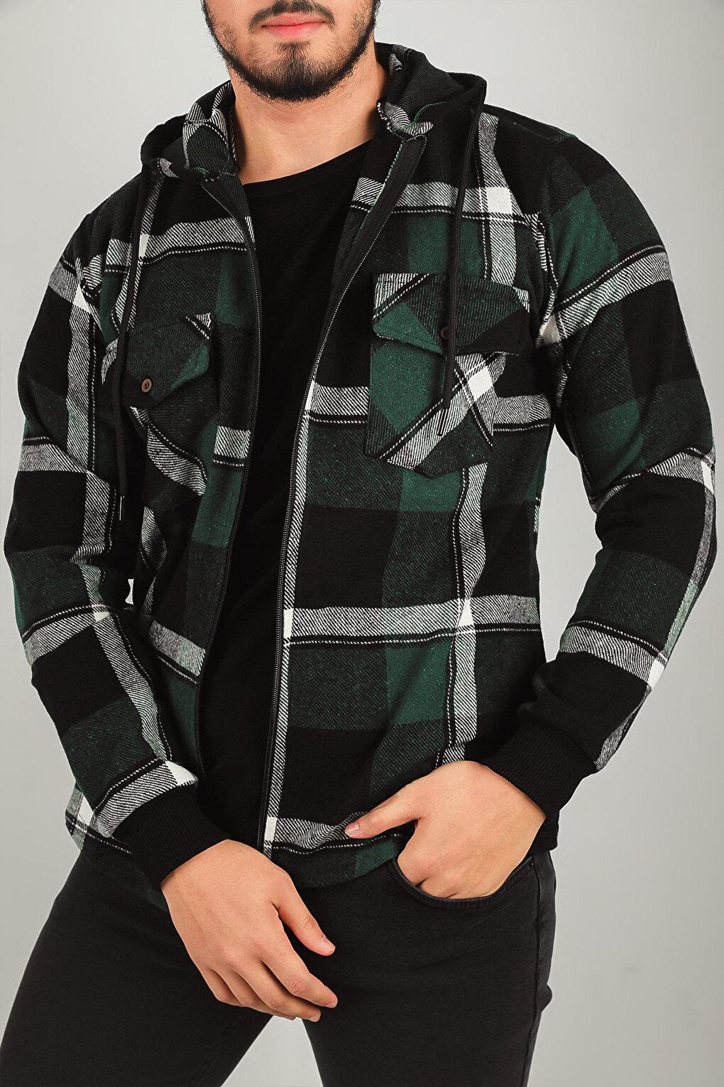 Men's Zippered Hooded Plaid Patterned Jacket Shirt