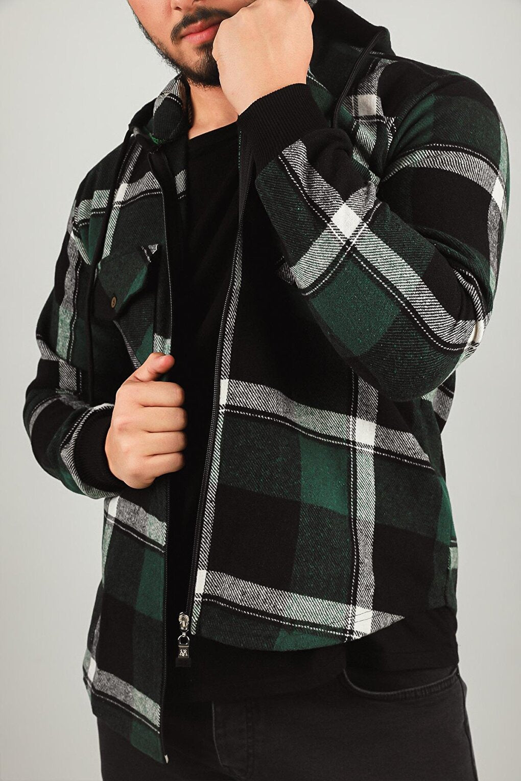 Men's Zippered Hooded Plaid Patterned Jacket Shirt