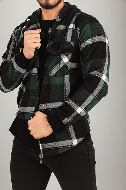 Men's Zippered Hooded Plaid Patterned Jacket Shirt