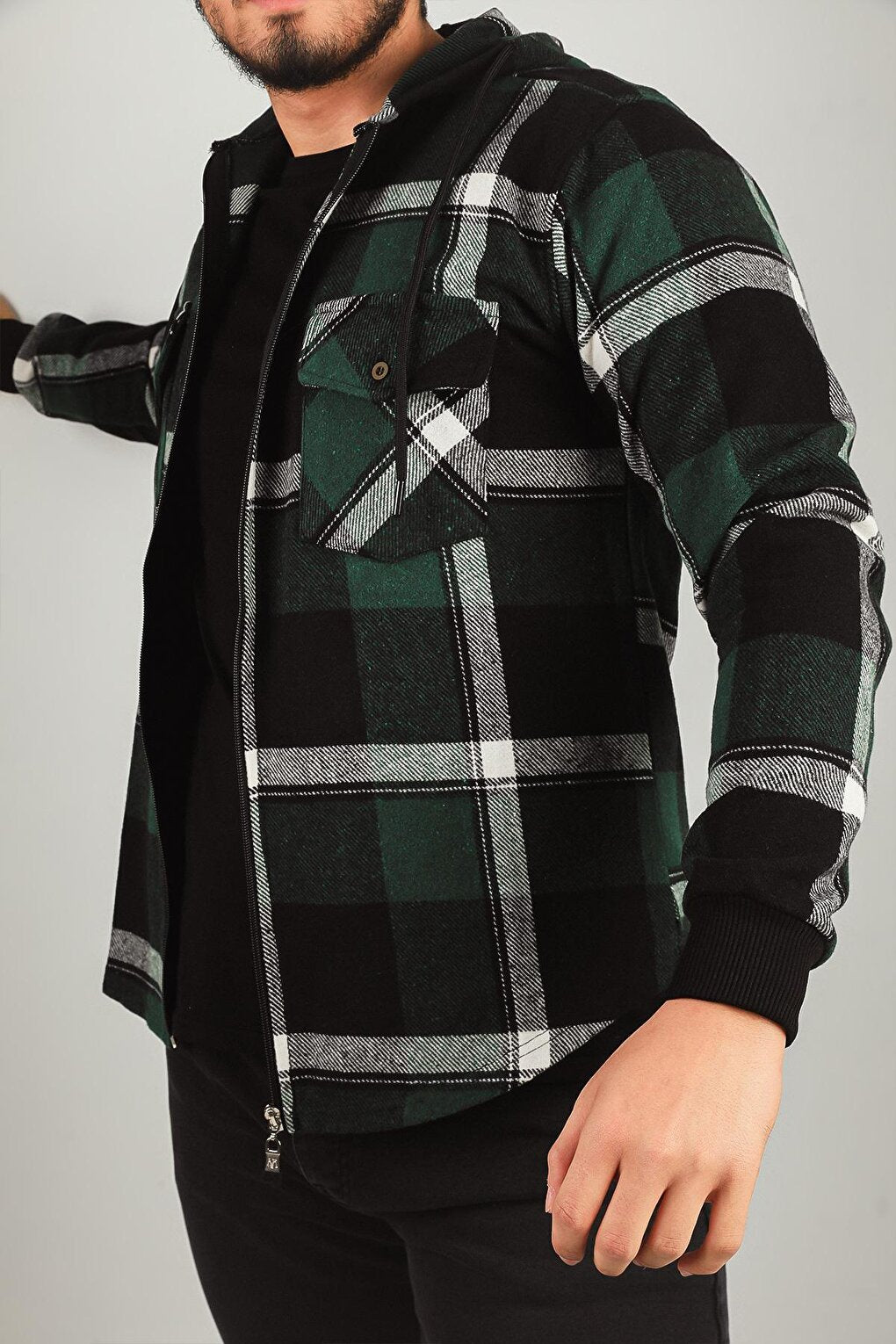 Men's Zippered Hooded Plaid Patterned Jacket Shirt