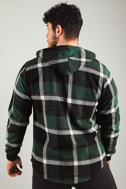 Men's Zippered Hooded Plaid Patterned Jacket Shirt